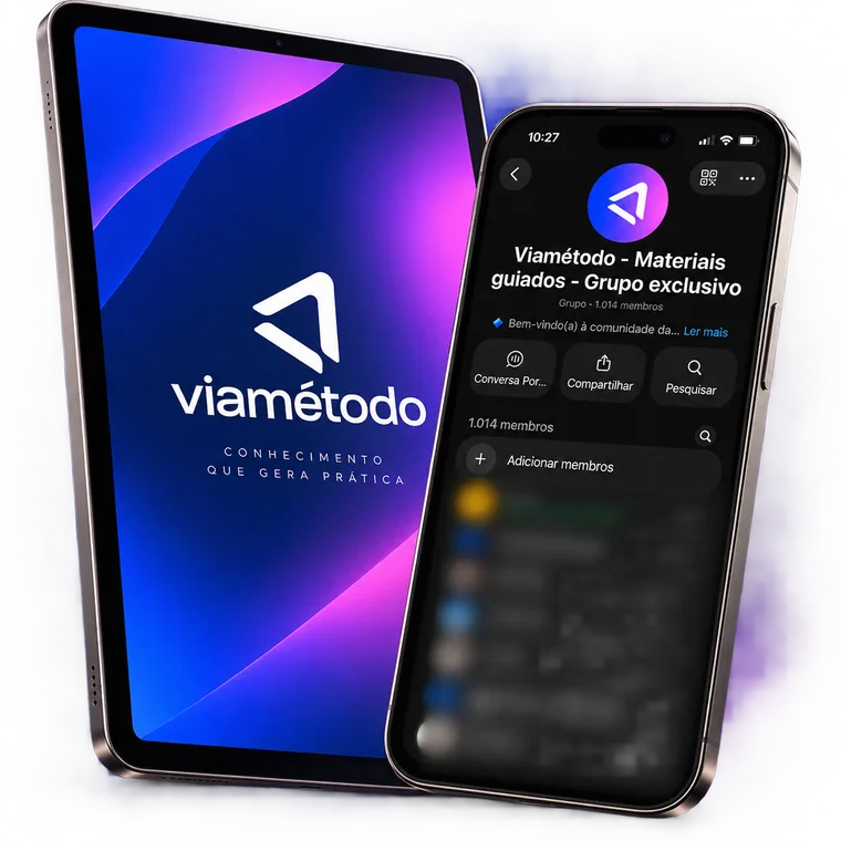 Comunidade exclusiva ViaMétodo no WhatsApp, vista em tablet e celular